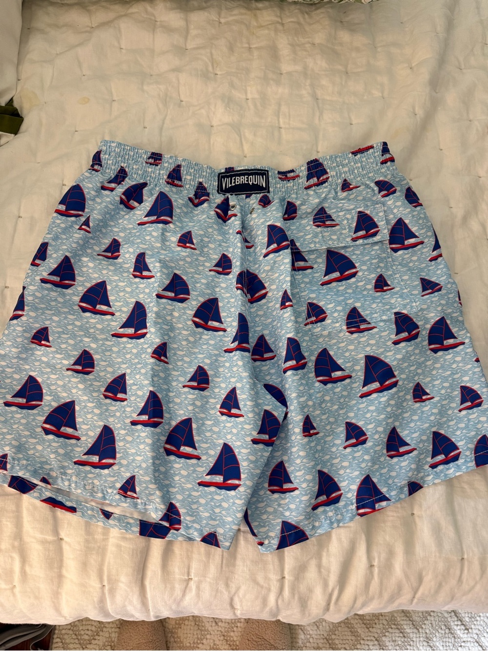 Vilebrequin Light Blue Sailboat Print Swim Shorts with Navy & Red Accents